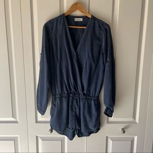 Long Sleeve Dark Blue Tencel Short Romper